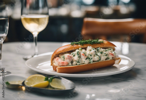 Maine lobster roll with tarragon mayo on a marble tabletop with a glass of Chardonnay in a chic American seafood restaurant 