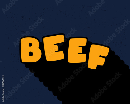 Long shadow text effect creative beef typography design for wall art in yellow and dark blue color style. Lettering vector illustration. Suitable for decoration, poster and banner.