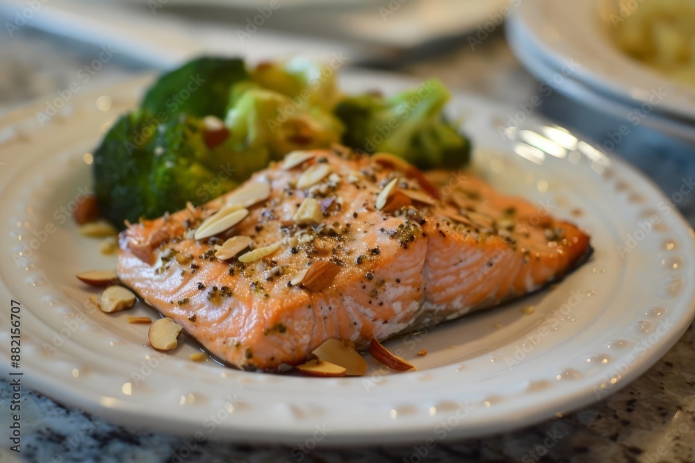 Grilled salmon served with a side of steamed broccoli and a sprinkle of almonds makes for a nutritious and delicious meal Grilled salmon served with a side of steamed broccoli and a sprinkle of almonds makes for a nutritious and delicious meal