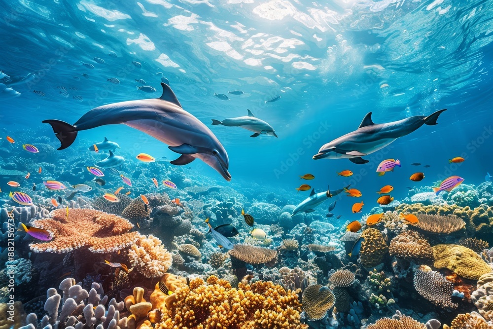 A stunning underwater view featuring a school of dolphins swimming gracefully, surrounded by coral reefs and tropical fish A stunning underwater view featuring a school of dolphins swimming gracefully, surrounded by coral reefs and tropical fish