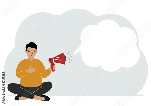 A man with a mouthpiece in his hand sits cross-legged. From loudspeaker bubbles to accommodate text. Vector flat illustration