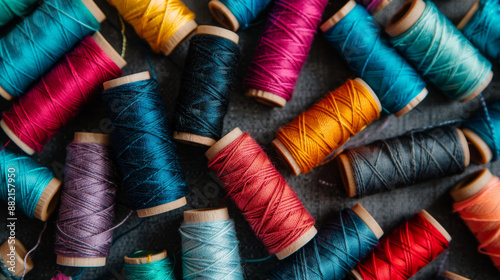 Colorful sewing threads lying flat against a contrasting backdrop.