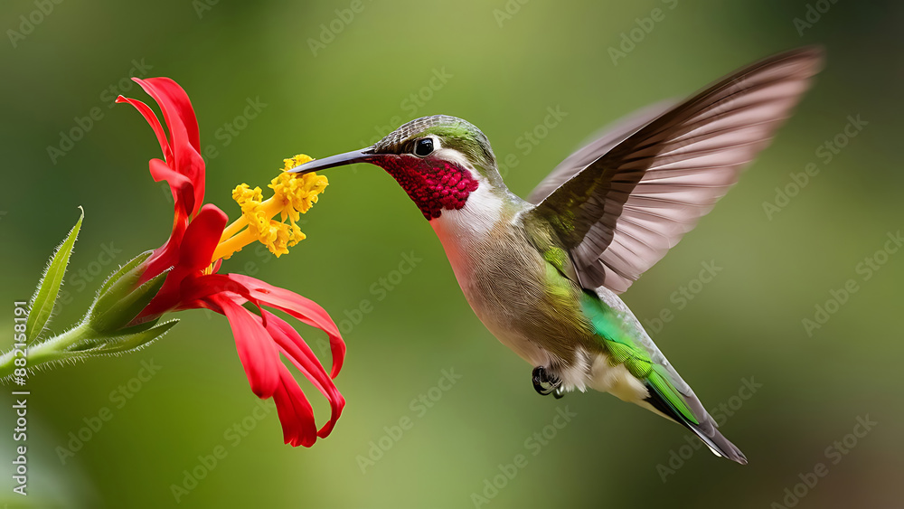 Fototapeta premium Close-up macro shot of a colorful hummingbird flying bird with flower.