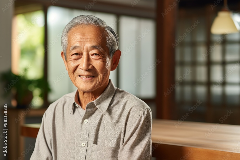 Portrait of a glad asian elderly man in his 90s sporting a versatile denim shirt in stylized simple home office background