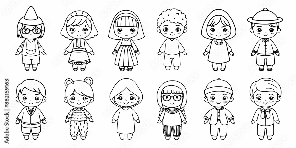 Minimalist children illustration with various playful and charming outfits Minimalist children illustration with various playful and charming outfits