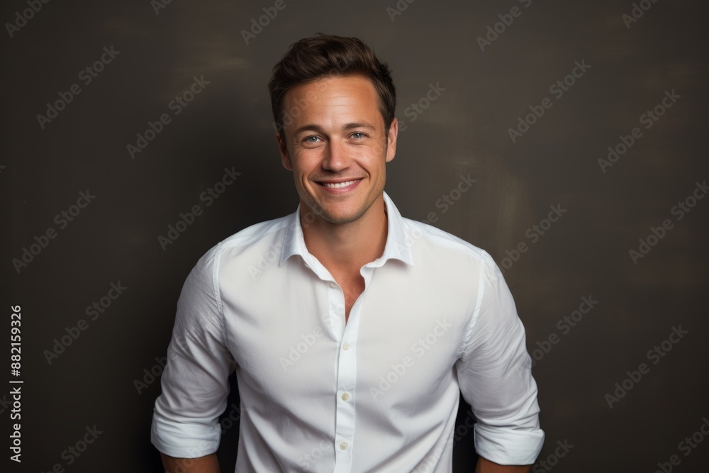 Portrait of a grinning man in his 30s wearing a classic white shirt in front of plain cyclorama studio wall Portrait of a grinning man in his 30s wearing a classic white shirt in front of plain cyclorama studio wall