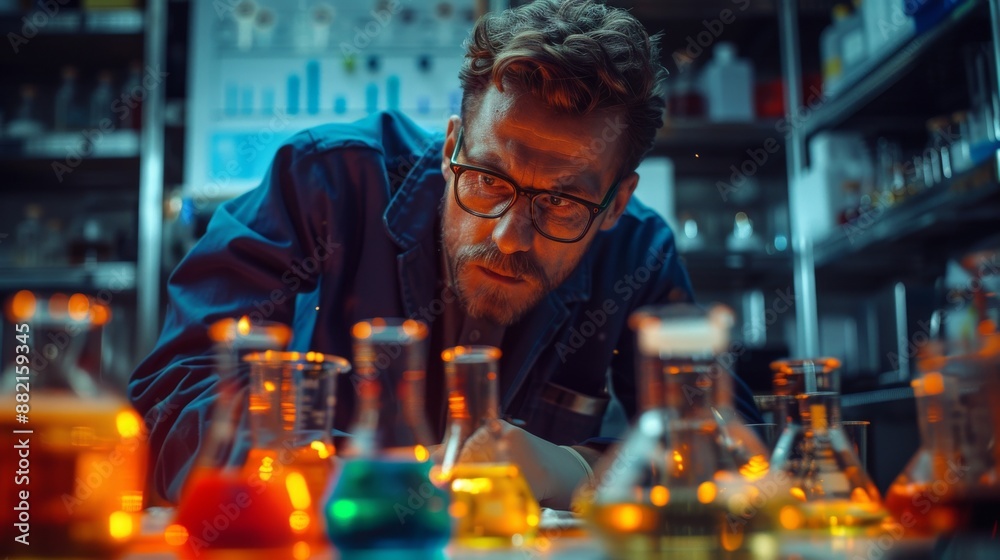a scientist in a laboratory, conducting an experiment with chemicals in test tubes and beakers. a scientist in a laboratory, conducting an experiment with chemicals in test tubes and beakers.