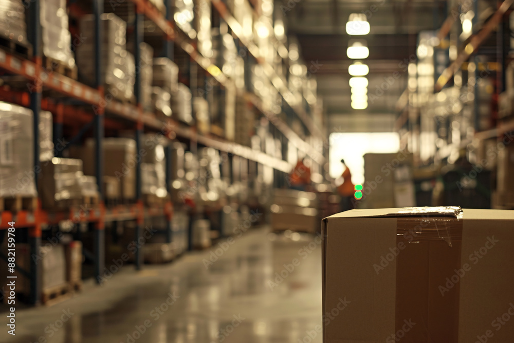 Obraz premium A close-up of a package with a warehouse scene unfolding in the background. The warehouse features high racks filled with neatly arranged items, with employees seen managing inventory and operating