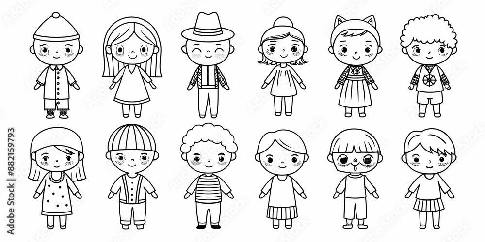 Minimalist children illustration with various playful and charming outfits Minimalist children illustration with various playful and charming outfits