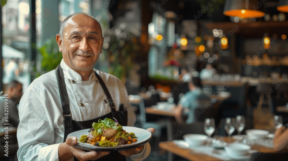 A chef with a beautifully served signature dish, a proud and happy expression on his face,
the dining area of the restaurant in the background,a festive and elegant atmosphere. A chef with a beautifully served signature dish, a proud and happy expression on his face,
the dining area of the restaurant in the background,a festive and elegant atmosphere.