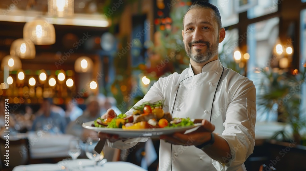 A chef with a beautifully served signature dish, a proud and happy expression on his face,
the dining area of the restaurant in the background,a festive and elegant atmosphere. A chef with a beautifully served signature dish, a proud and happy expression on his face,
the dining area of the restaurant in the background,a festive and elegant atmosphere.