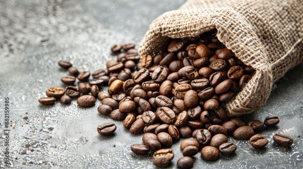 Coffee beans in sack on pale surface Coffee beans in sack on pale surface