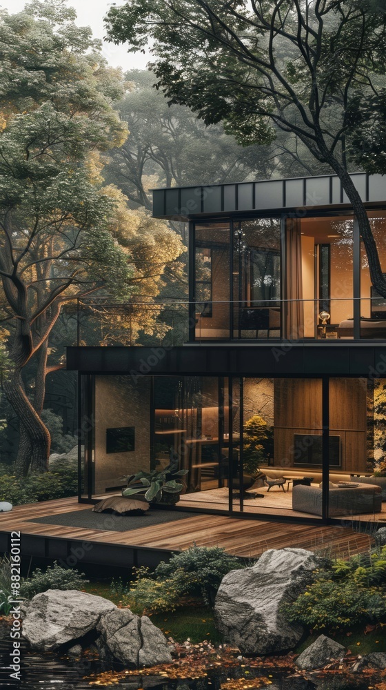 Modernist glass house with minimalist decor. Modernist glass house with minimalist decor.