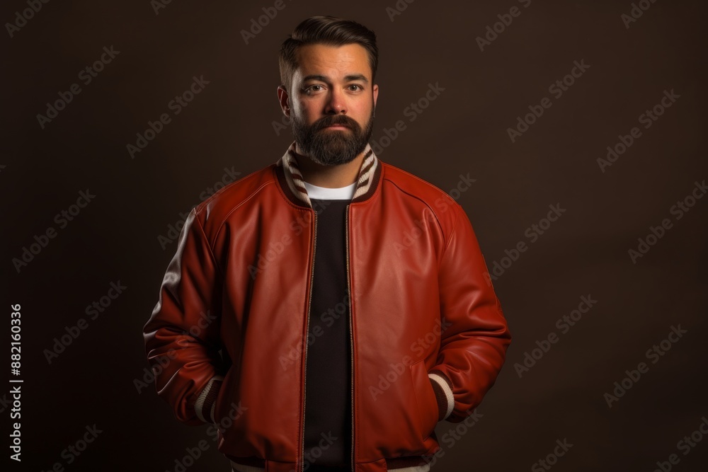 Portrait of a tender man in his 30s sporting a stylish varsity jacket on plain cyclorama studio wall Portrait of a tender man in his 30s sporting a stylish varsity jacket on plain cyclorama studio wall