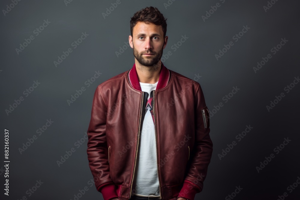 Portrait of a tender man in his 30s sporting a stylish varsity jacket in plain cyclorama studio wall Portrait of a tender man in his 30s sporting a stylish varsity jacket in plain cyclorama studio wall