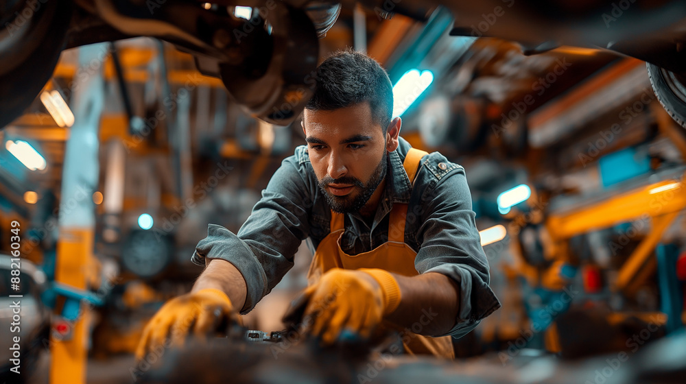 Mechanic wearing gloves working under car in auto repair shop Mechanic wearing gloves working under car in auto repair shop