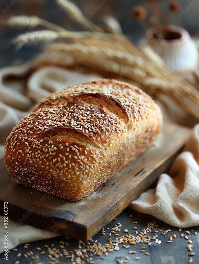 Rustic whole grain loaf of bread sits on a wooden board, topped with seeds The backdrop includes a beige cloth and wheat stalks, enhancing the artisanal ambiance Rustic whole grain loaf of bread sits on a wooden board, topped with seeds The backdrop includes a beige cloth and wheat stalks, enhancing the artisanal ambiance