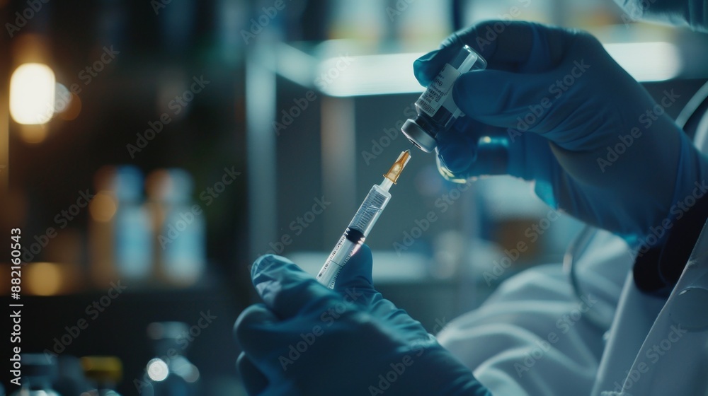 Scientist in a lab coat prepares a syringe for injection. Close-up view of hands working on a medical experiment. This deeply stimulating visual represents advanced scientific progress. AI Scientist in a lab coat prepares a syringe for injection. Close-up view of hands working on a medical experiment. This deeply stimulating visual represents advanced scientific progress. AI