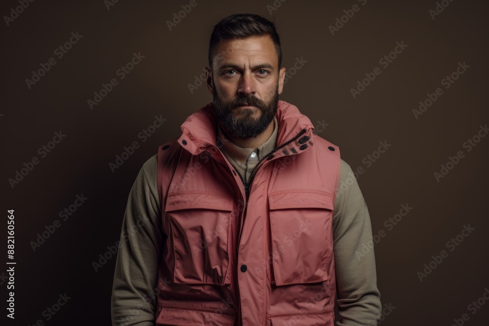 Portrait of a content man in his 30s dressed in a water-resistant gilet while standing against plain cyclorama studio wall Portrait of a content man in his 30s dressed in a water-resistant gilet while standing against plain cyclorama studio wall