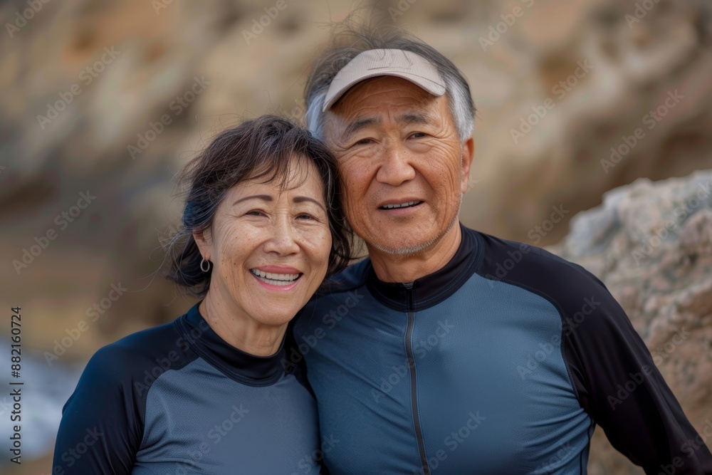 Portrait of a satisfied asian couple in their 50s sporting a breathable mesh jersey in front of rocky cliff background Portrait of a satisfied asian couple in their 50s sporting a breathable mesh jersey in front of rocky cliff background