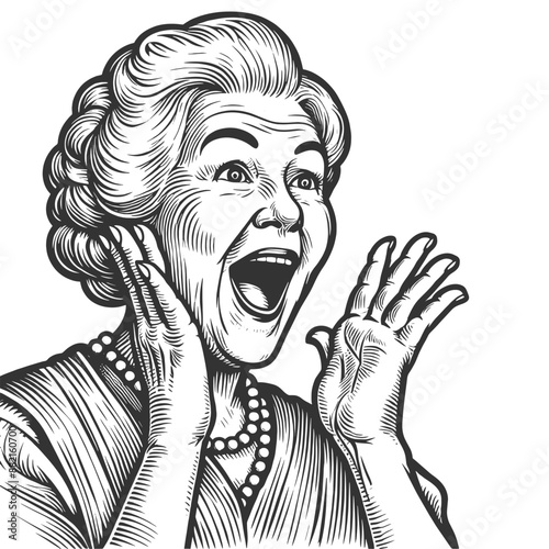ecstatic happy surprised elderly woman with a wide smile, joy and surprise sketch engraving generative ai fictional character vector illustration. Scratch board imitation. Black and white image.