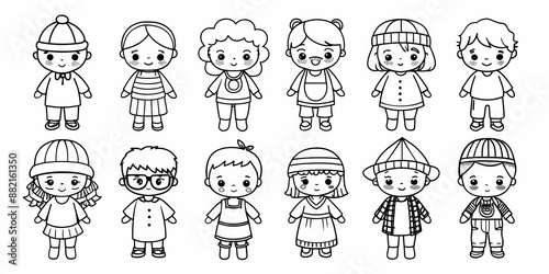 Minimalist children illustration with various playful and charming outfits