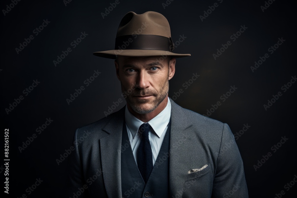 Portrait of a content man in his 40s donning a classic fedora in plain cyclorama studio wall Portrait of a content man in his 40s donning a classic fedora in plain cyclorama studio wall