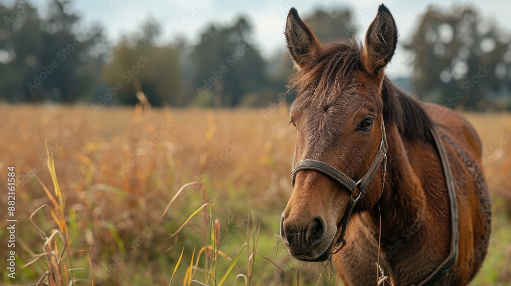 Naklejka premium A close-up photograph of a brown horse standing in a field with a blurred background of grass and trees, taken in the morning light