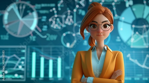 A businesswoman girl in a 3D cartoon style on the background of graphs and diagrams. Presentation concept.
