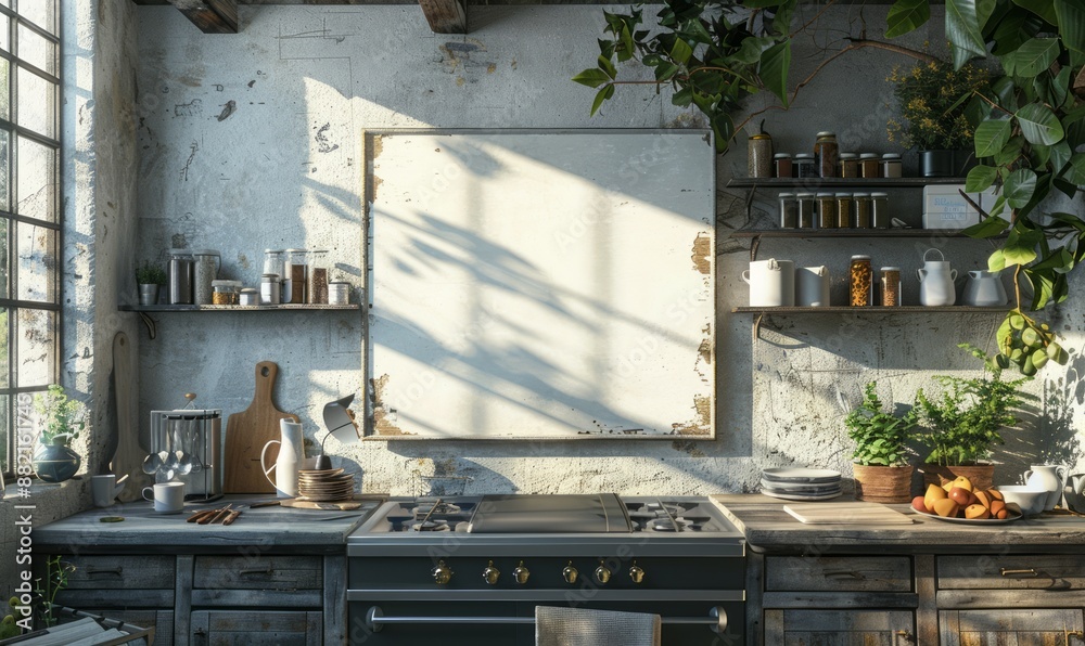Rustic kitchen with a blank label frame. Rustic kitchen with a blank label frame.