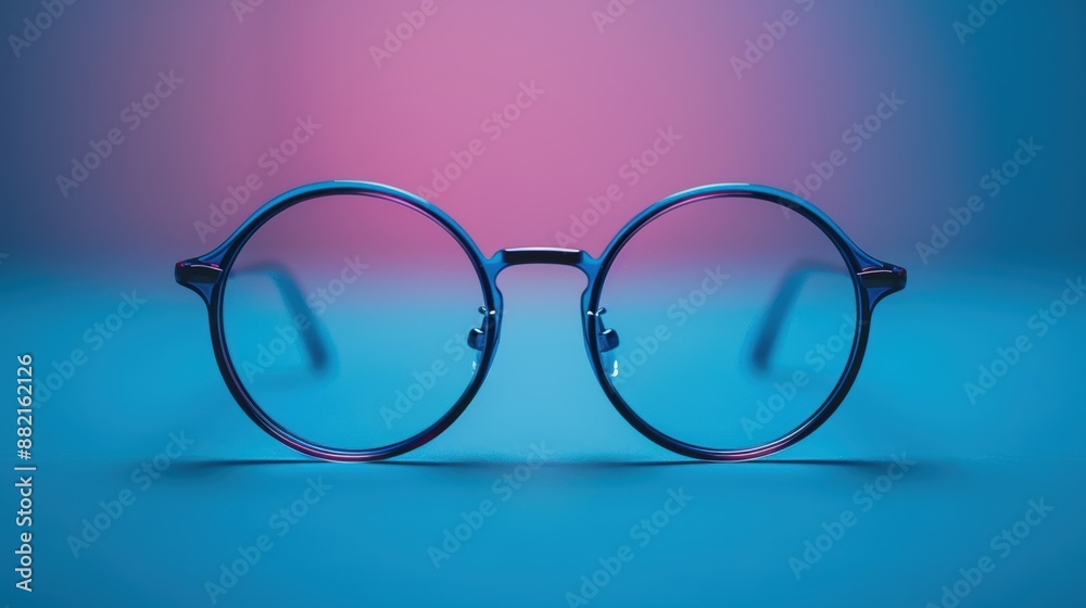 Fototapeta premium A pair of stylish round eyeglasses with a minimalist design, featuring blue frames and transparent lenses, set against a gradient background with vibrant blue and pink hues