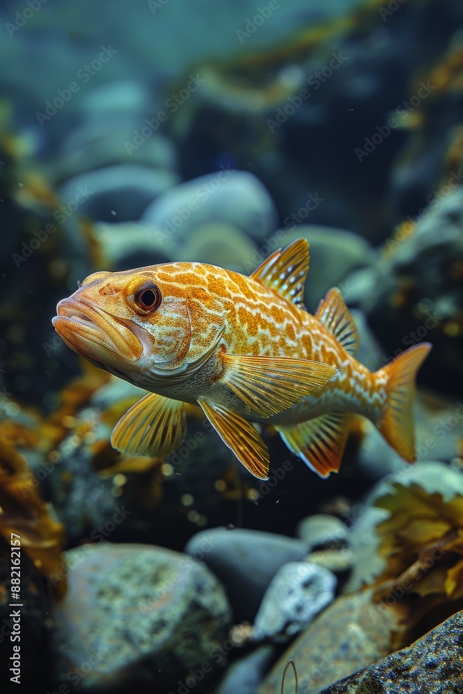 A close-up underwater image showcases a vibrant fish with intricate patterns swimming among rocks and aquatic plants in a crystal-clear environment A close-up underwater image showcases a vibrant fish with intricate patterns swimming among rocks and aquatic plants in a crystal-clear environment
