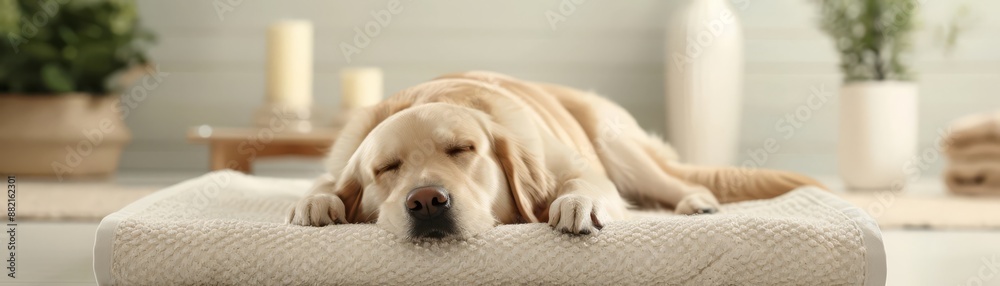 Relaxed Golden Retriever Dog Receiving Luxurious Spa Massage on Plush Bedding in Tranquil Elegant Room Relaxed Golden Retriever Dog Receiving Luxurious Spa Massage on Plush Bedding in Tranquil Elegant Room