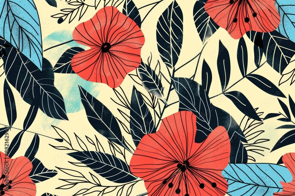 Fototapeta premium Red and Blue Floral Pattern,
