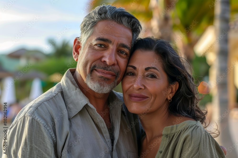 Portrait of a happy multiethnic couple in their 50s wearing a simple cotton shirt while standing against bustling beach resort background Portrait of a happy multiethnic couple in their 50s wearing a simple cotton shirt while standing against bustling beach resort background