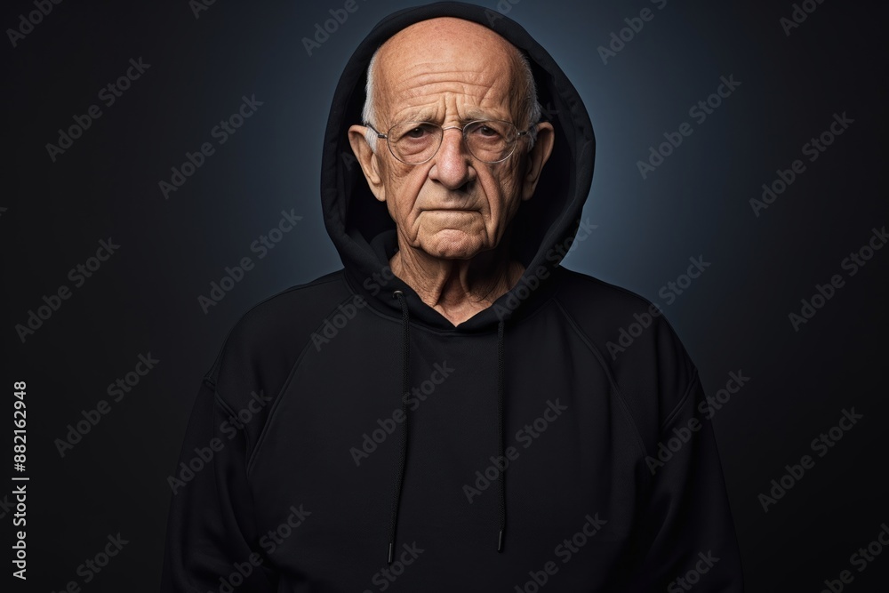 Portrait of a satisfied man in his 80s sporting a comfortable hoodie while standing against plain cyclorama studio wall Portrait of a satisfied man in his 80s sporting a comfortable hoodie while standing against plain cyclorama studio wall