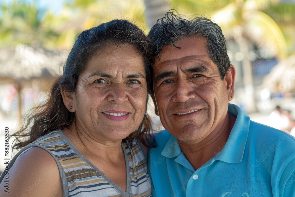 Portrait of a grinning latino couple in their 50s wearing a sporty polo shirt isolated on bustling beach resort background Portrait of a grinning latino couple in their 50s wearing a sporty polo shirt isolated on bustling beach resort background