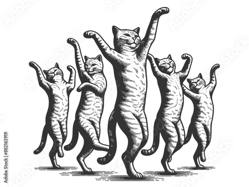 cats dancing in a line, capturing a playful and joyful scene with detailed textures sketch engraving generative ai vector illustration. Scratch board imitation. Black and white image.