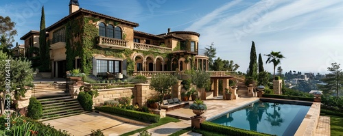 Mediterranean mansion with a terraced garden and infinity pool.