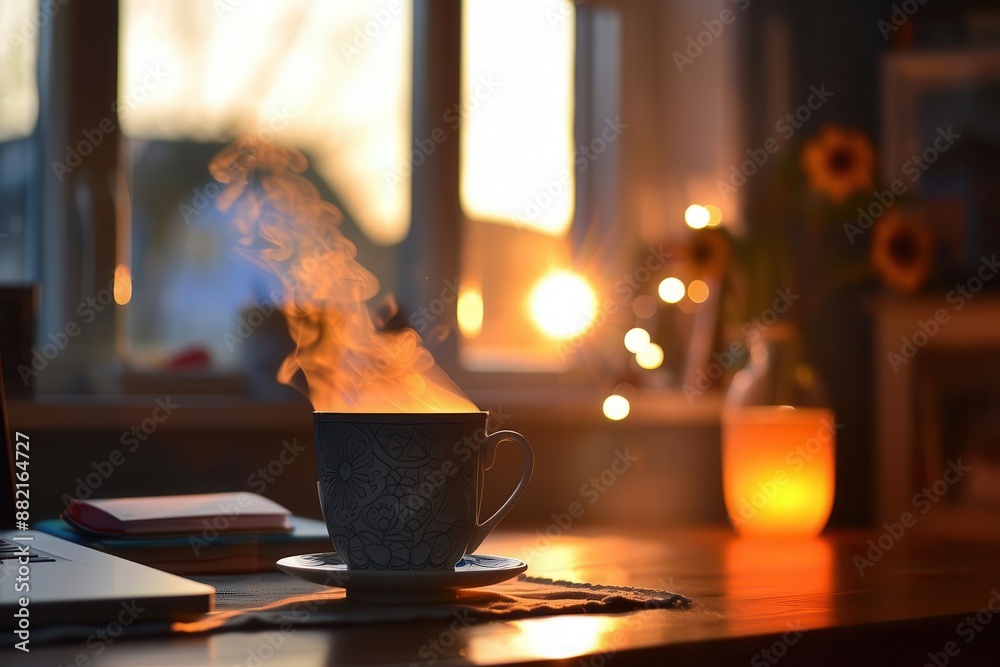 in a cozy study room a cup of steaming coffee sits on a wooden table bathed in soft warm light creating a serene and inviting atmosphere ideal for focused work or relaxation in a cozy study room a cup of steaming coffee sits on a wooden table bathed in soft warm light creating a serene and inviting atmosphere ideal for focused work or relaxation