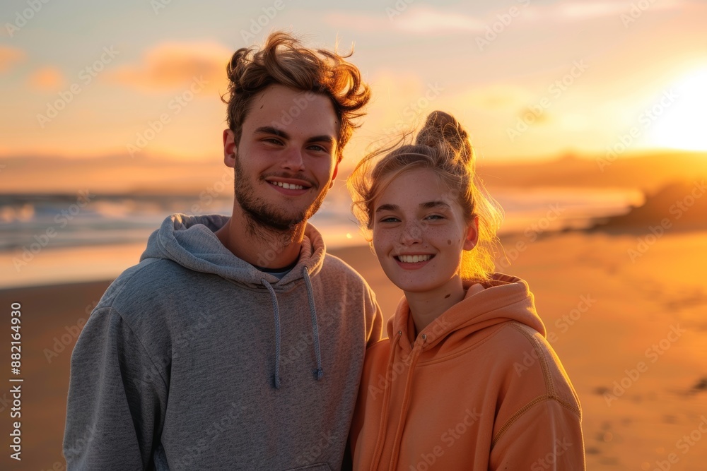 Portrait of a glad caucasian couple in their 20s sporting a comfortable hoodie over stunning sunset beach background Portrait of a glad caucasian couple in their 20s sporting a comfortable hoodie over stunning sunset beach background