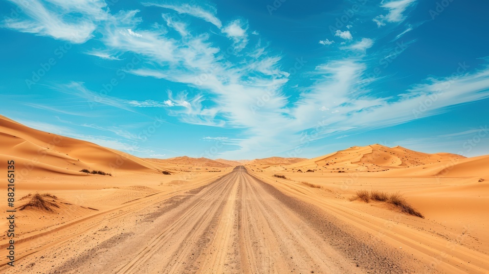 A desert road with endless stretches of sand dunes on either side, under a vast, clear blue sky. A desert road with endless stretches of sand dunes on either side, under a vast, clear blue sky.