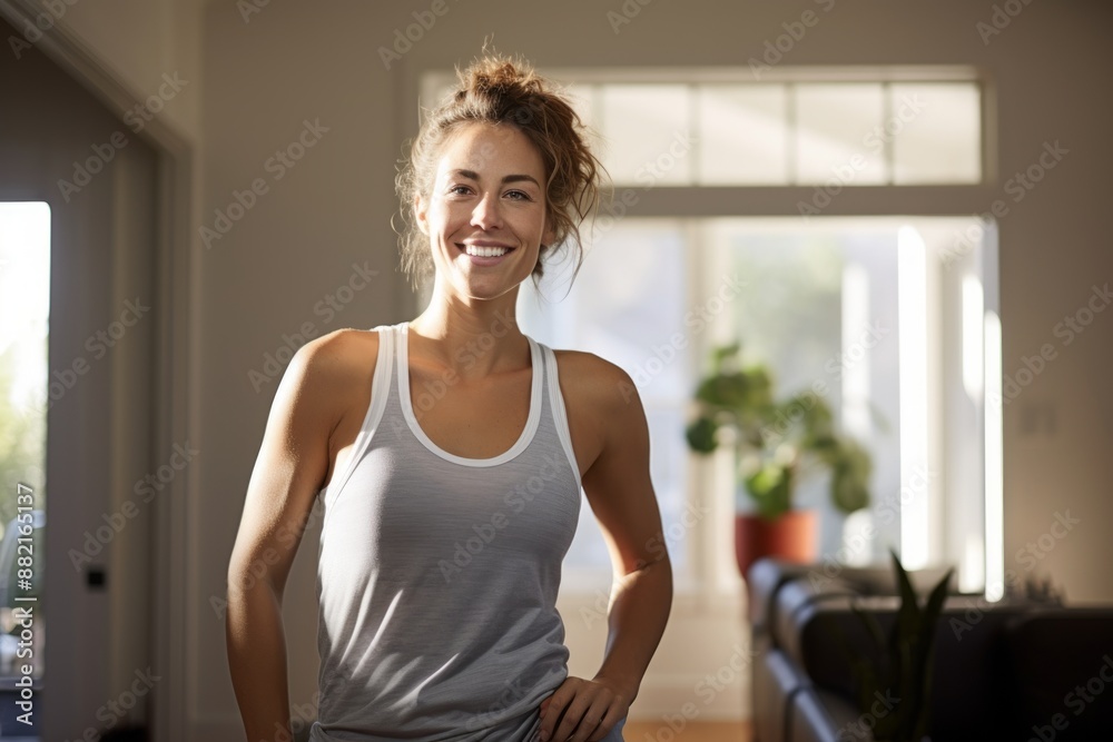 Portrait of a blissful woman in her 30s wearing a lightweight running vest while standing against crisp minimalistic living room Portrait of a blissful woman in her 30s wearing a lightweight running vest while standing against crisp minimalistic living room