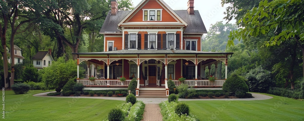 Victorian mansion with a wraparound porch.