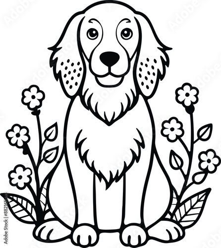 Cute iris setter Dog and Flowers Outline, isolated vector illustration on white background