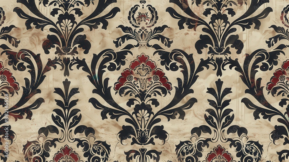 A detailed damask pattern with ornate floral and scroll motifs in rich, contrasting colors. The design exudes opulence and historical elegance. A detailed damask pattern with ornate floral and scroll motifs in rich, contrasting colors. The design exudes opulence and historical elegance.