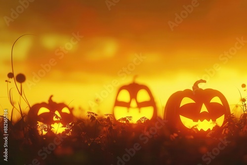 minimalist halloween background with cheerful jackolanterns smiling against an orangeyellow sky creating a warm and inviting ambiance perfect for festive designs photo