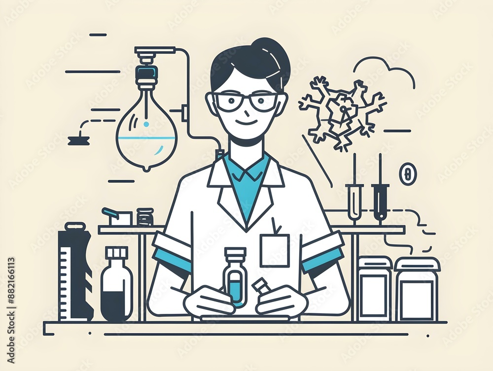 © sunfjower - Female scientist wearing a lab coat, conducting an experiment, flat design illustration.