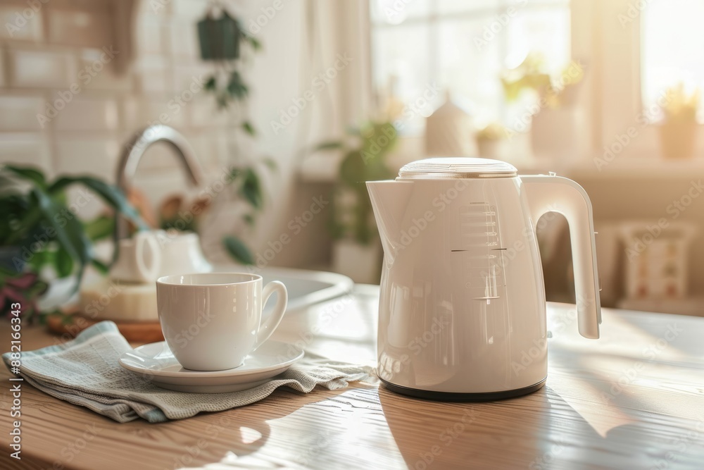 Kitchen with a clean layout and a picture of a white kettle.
Kitchen with a clean layout and a picture of a white kettle.