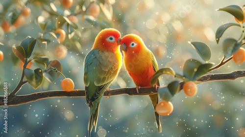 A delicate and charming painting of a pair of lovebirds perched on a branch, intricately detailed on the surface of glass. 
